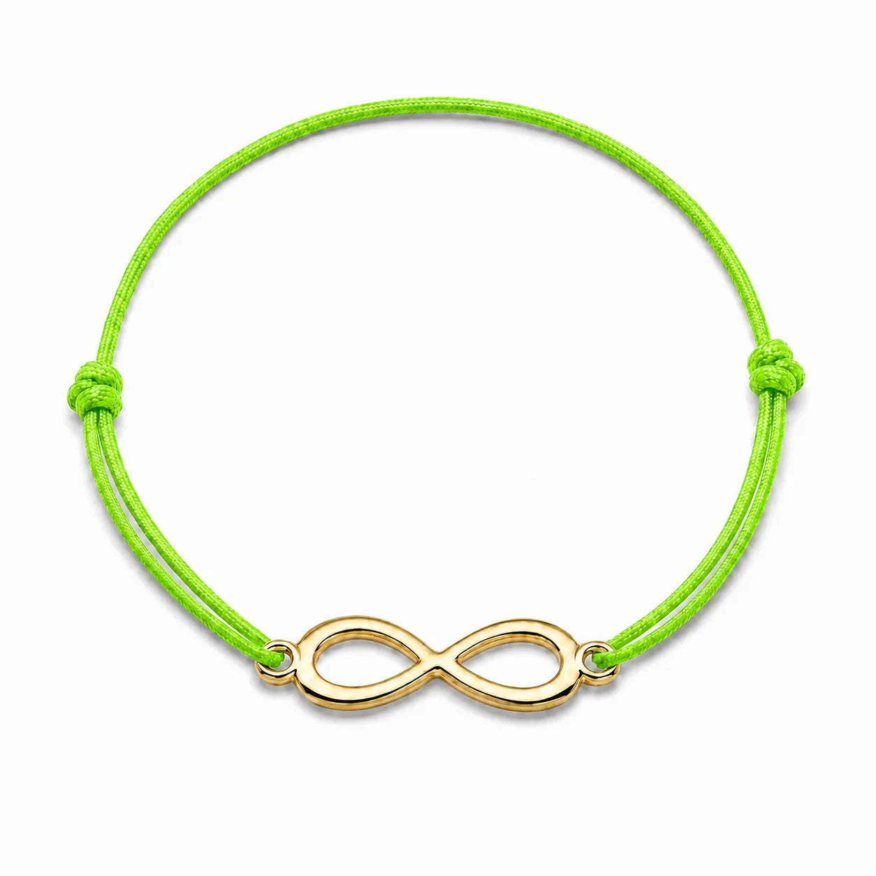 Bracelet infini doré avec cordon vert pomme vue de face
