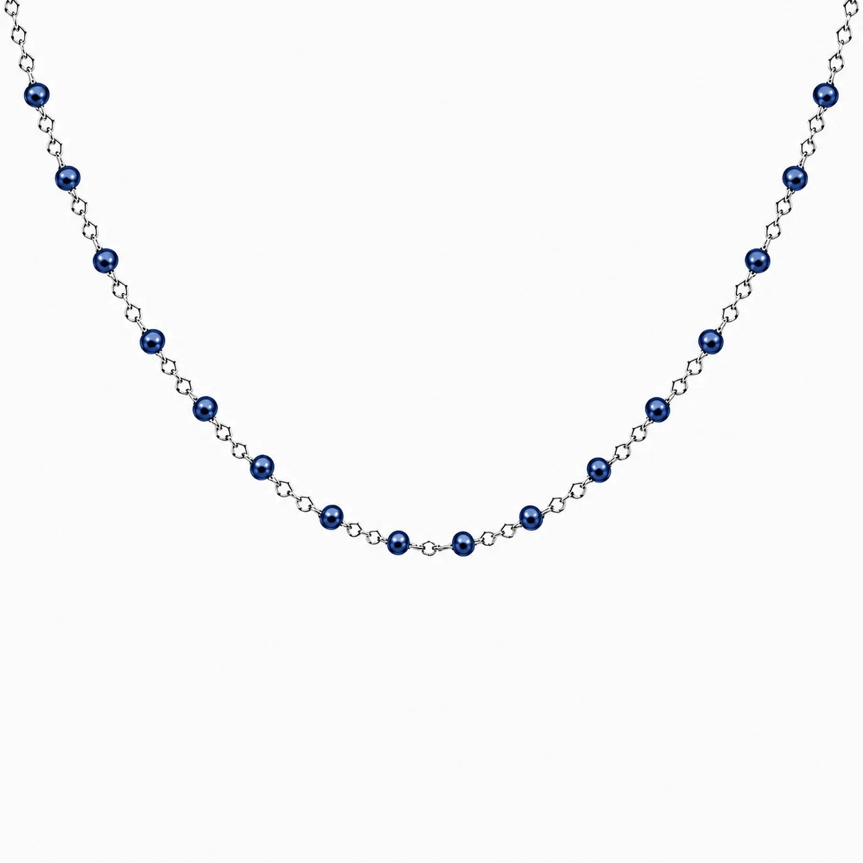 Collier chaîne fine en acier inoxydable argenté avec petites perles de résine bleues