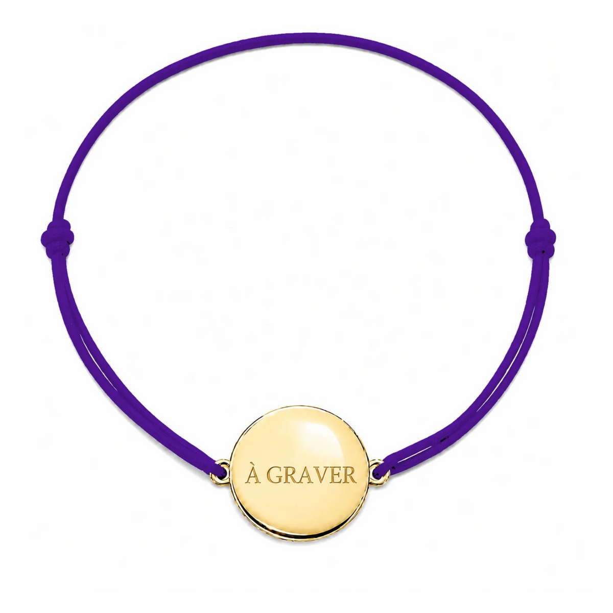 Bracelet cordon mixte et ajustable personnalisé avec médaille dorée à graver et cordon violet
