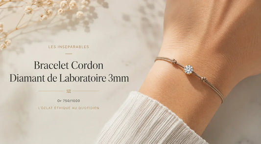 Bracelet cordon Les Inséparables avec diamant de laboratoire de 3 mm serti sur or 750, porté au poignet, illustrant un bijou élégant et éthique.