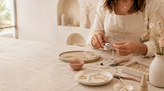 Artisane réparant un bijou dans un atelier de création avec perles, fermoirs, cordons et outils de bijouterie haut de gamme.