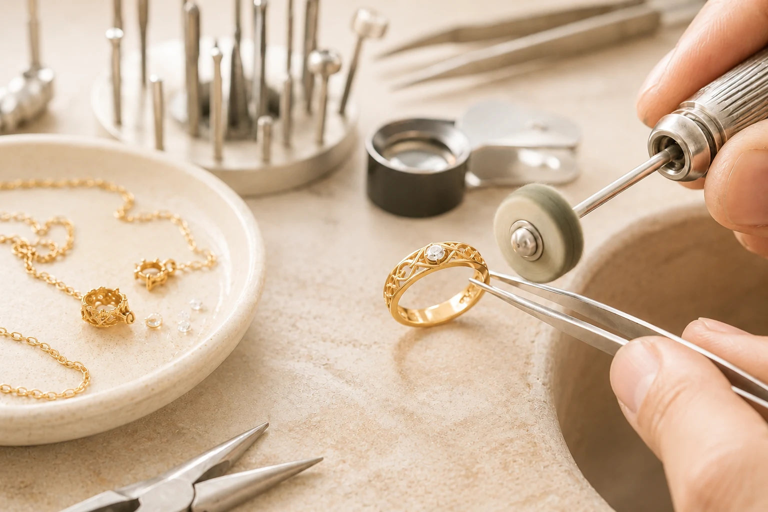 Artisan bijoutier polissant une bague dorée dans un atelier, entouré d’outils de précision et de bijoux.