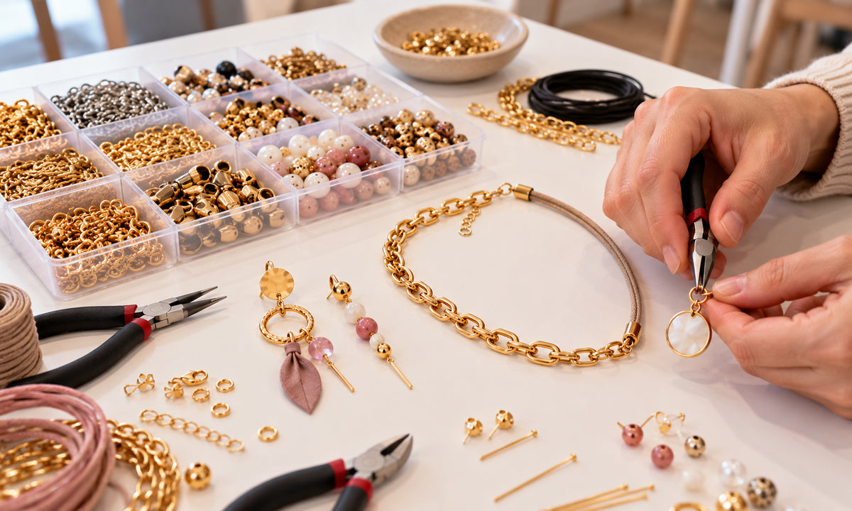 Ancien bijou transformé en atelier : perles et chaînes réassemblée