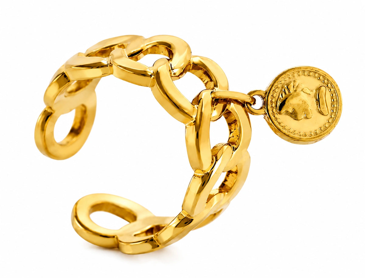 Bague chaîne à maillons dorés avec médaille ronde en acier inoxydable