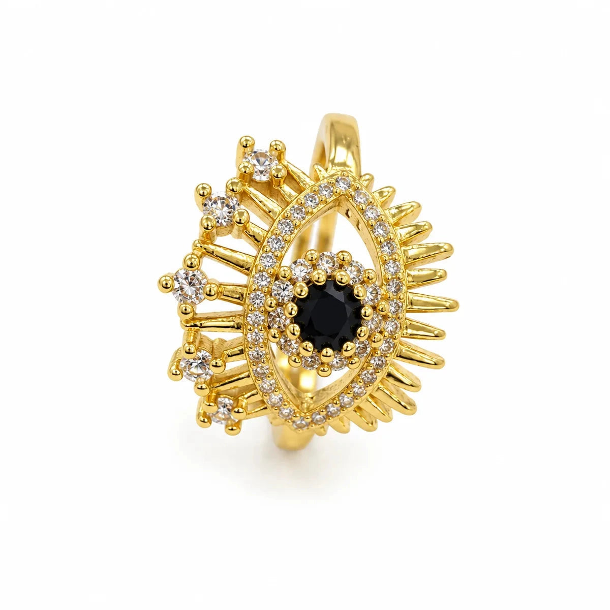 Bague Kallima œil grec en acier inoxydable doré, vue de profil sur fond blanc