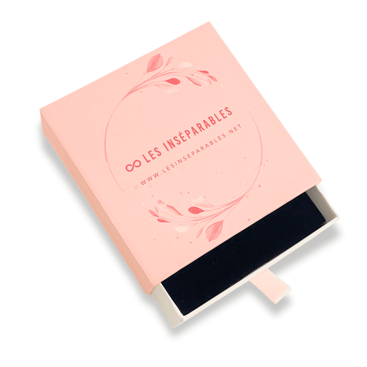 Boîte rose Les Inséparables ouverte sur fond blanc