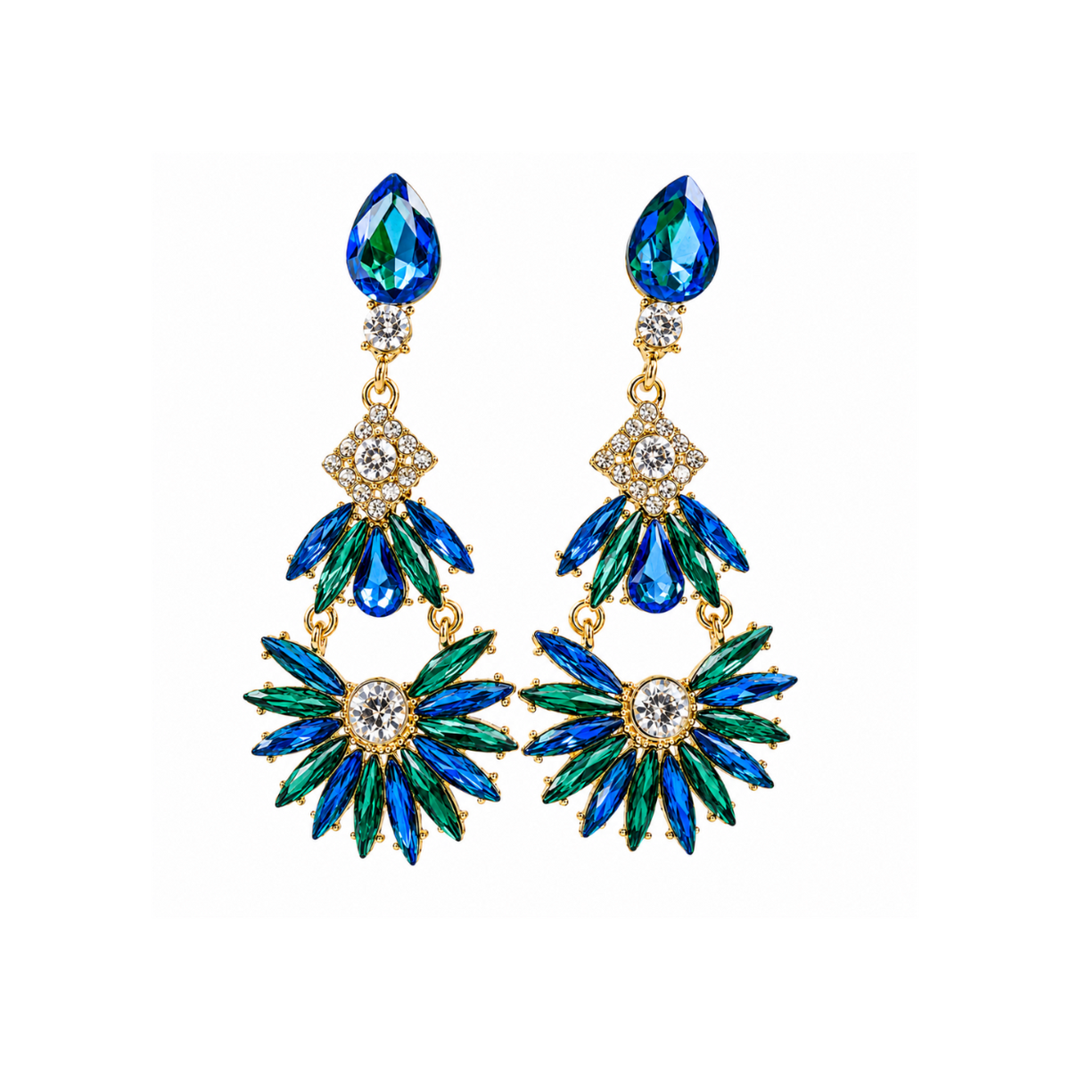 Boucles d'oreilles pendantes Uranus bleu azur vert émeraude - Bijoux fantaisie 9 cm de longueur pour femme