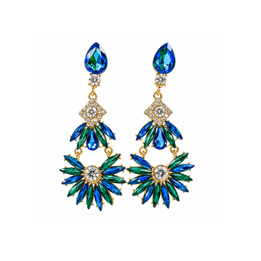 Boucles d'oreilles pendantes Uranus bleu azur vert émeraude - Bijoux fantaisie 9 cm de longueur pour femme