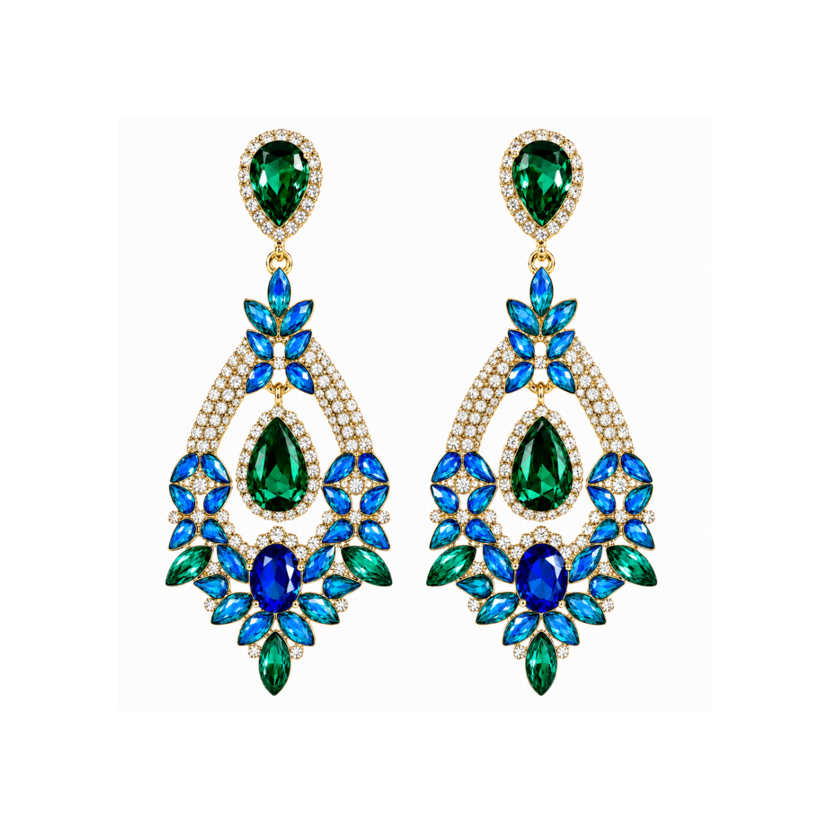 Boucles d’oreilles pendantes dorées Vitalité ornées de cristaux verts, bleus et transparents