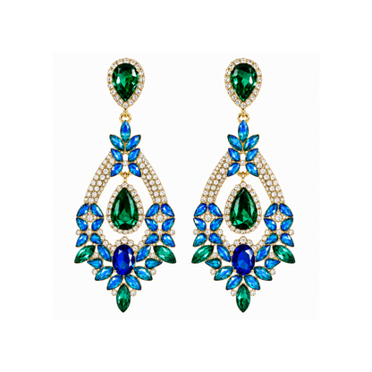 Boucles d’oreilles pendantes dorées Vitalité ornées de cristaux verts, bleus et transparents