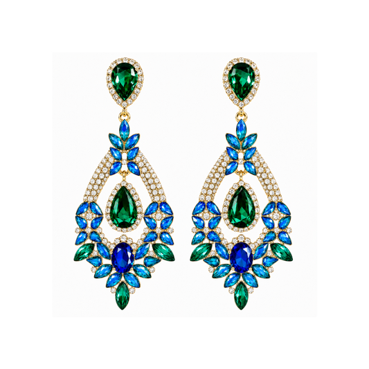 Boucles d’oreilles pendantes dorées Vitalité ornées de cristaux verts, bleus et transparents