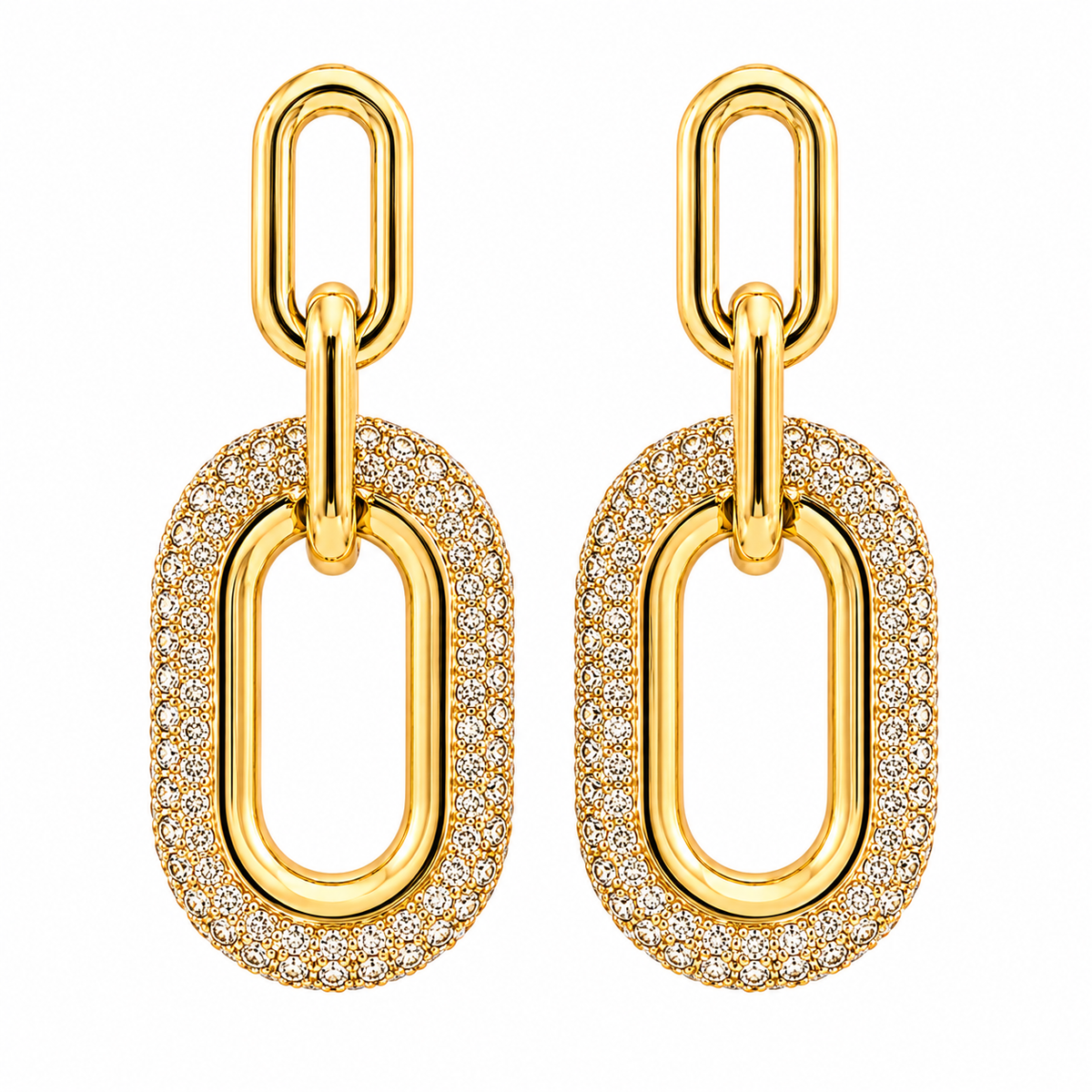 Boucles d'oreilles pendantes Athéna ovale en or jaune avec zirconiums scintillants - silhouette géométrique épurée