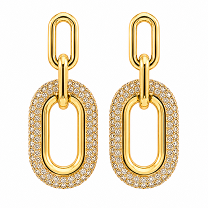 Boucles d'oreilles pendantes Athéna ovale en or jaune avec zirconiums scintillants - silhouette géométrique épurée