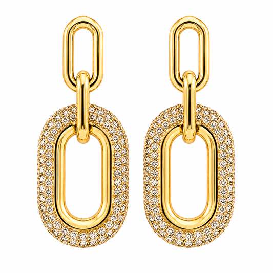 Boucles d'oreilles pendantes Athéna ovale en or jaune avec zirconiums scintillants - silhouette géométrique épurée