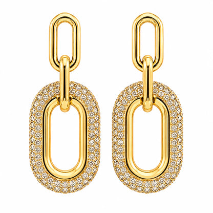 Boucles d'oreilles pendantes Athéna ovale en or jaune avec zirconiums scintillants - silhouette géométrique épurée