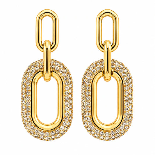 Boucles d'oreilles pendantes Athéna ovale en or jaune avec zirconiums scintillants - silhouette géométrique épurée