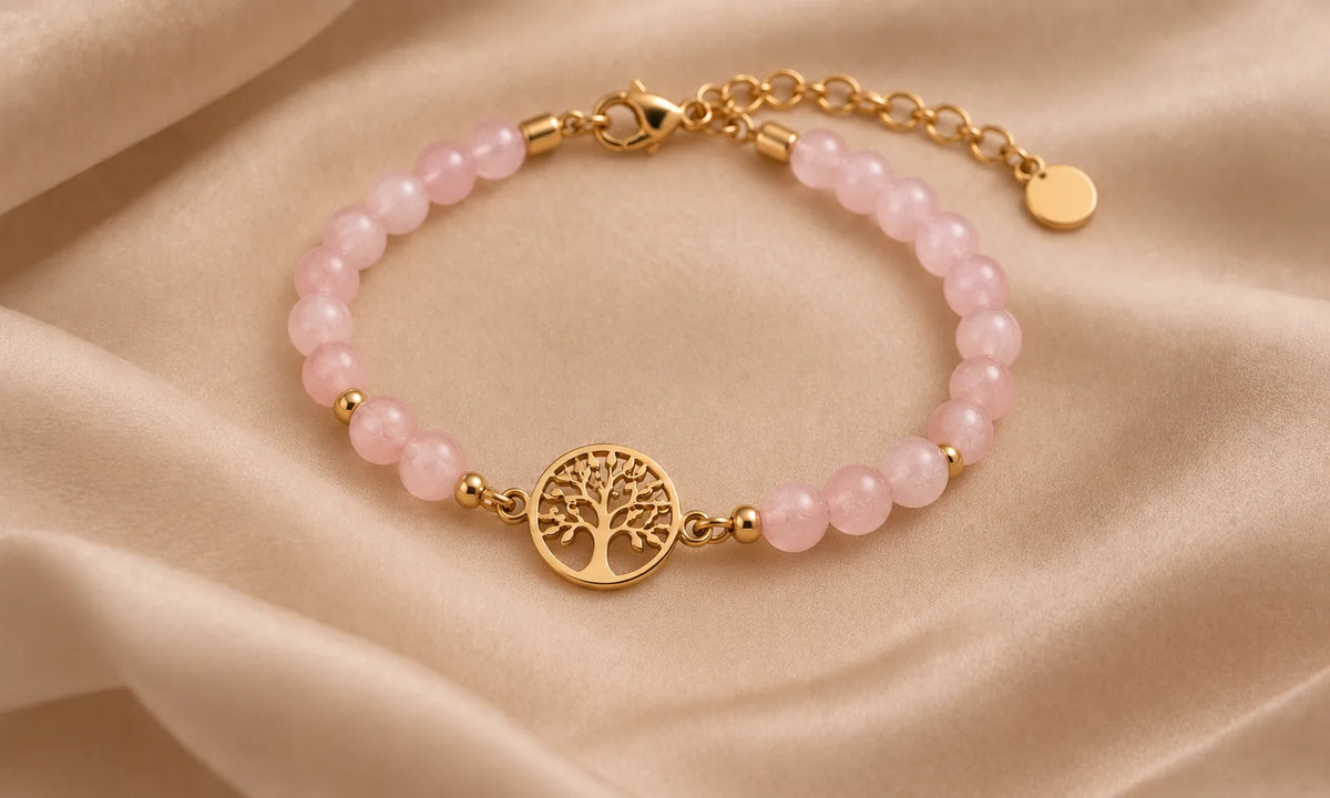 Bracelet ajustable en perles de quartz rose avec arbre de vie doré