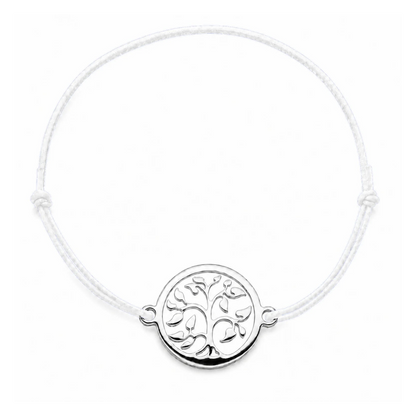 Bracelet cordon blanc ajustable Arbre de Vie argenté – bijou personnalisable avec médaille pour gravure 8 mm