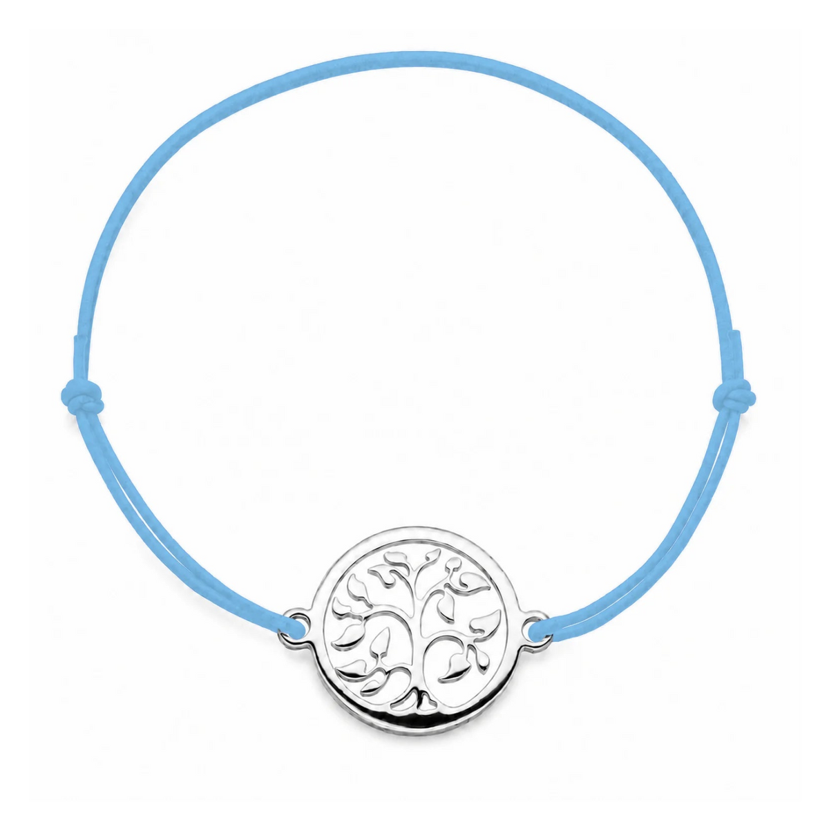 Bracelet cordon bleu clair ajustable Arbre de Vie argenté – bijou personnalisable avec médaille pour gravure 8 mm