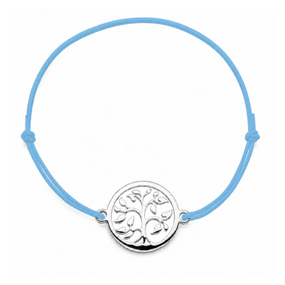 Bracelet cordon bleu clair ajustable Arbre de Vie argenté – bijou personnalisable avec médaille pour gravure 8 mm