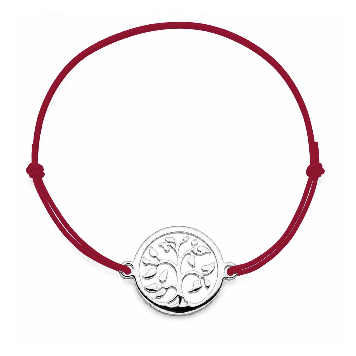 Bracelet cordon bordeaux ajustable Arbre de Vie argenté – bijou personnalisable avec médaille pour gravure 8 mm