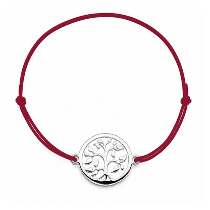 Bracelet cordon bordeaux ajustable Arbre de Vie argenté – bijou personnalisable avec médaille pour gravure 8 mm