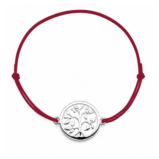 Bracelet cordon bordeaux ajustable Arbre de Vie argenté – bijou personnalisable avec médaille pour gravure 8 mm
