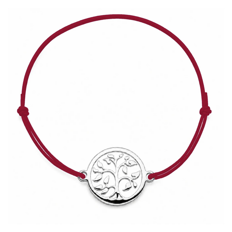Bracelet cordon bordeaux ajustable Arbre de Vie argenté – bijou personnalisable avec médaille pour gravure 8 mm
