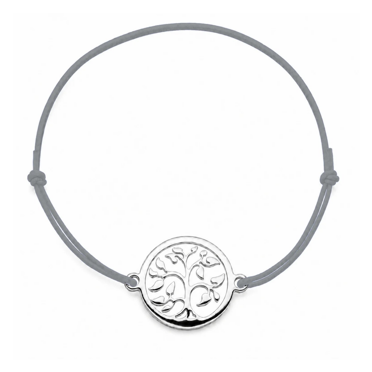Bracelet cordon gris ajustable Arbre de Vie argenté – bijou personnalisable avec médaille pour gravure 8 mm