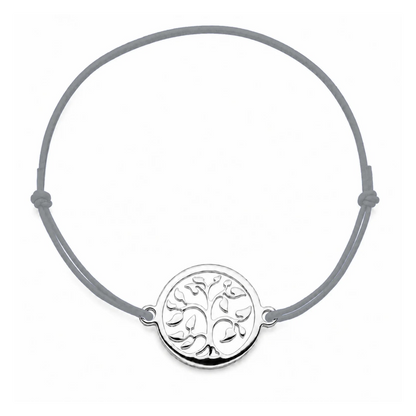 Bracelet cordon gris ajustable Arbre de Vie argenté – bijou personnalisable avec médaille pour gravure 8 mm