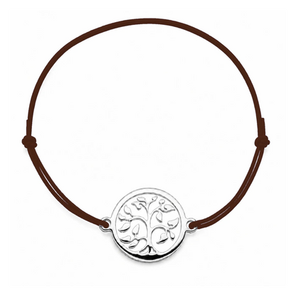 Bracelet cordon marron ajustable Arbre de Vie argenté – bijou personnalisable avec médaille pour gravure 8 mm