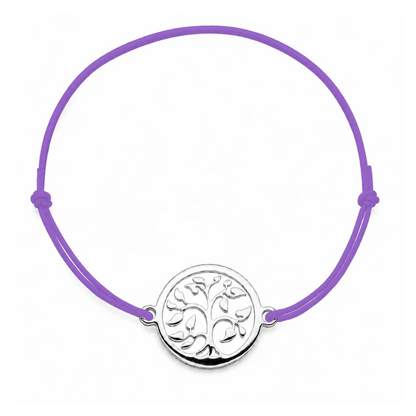 Bracelet cordon mauve ajustable Arbre de Vie argenté – bijou personnalisable avec médaille pour gravure 8 mm