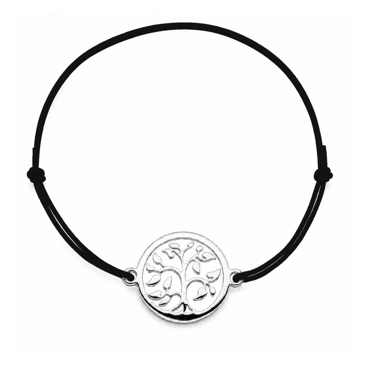 Bracelet cordon noir ajustable Arbre de Vie argenté – bijou personnalisable avec médaille pour gravure 8 mm