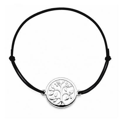 Bracelet cordon noir ajustable Arbre de Vie argenté – bijou personnalisable avec médaille pour gravure 8 mm