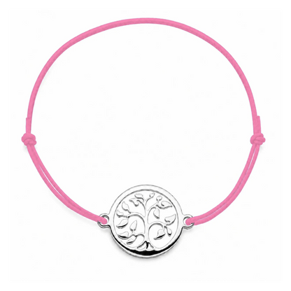 Bracelet cordon rose-clair ajustable Arbre de Vie argenté – bijou personnalisable avec médaille pour gravure 8 mm