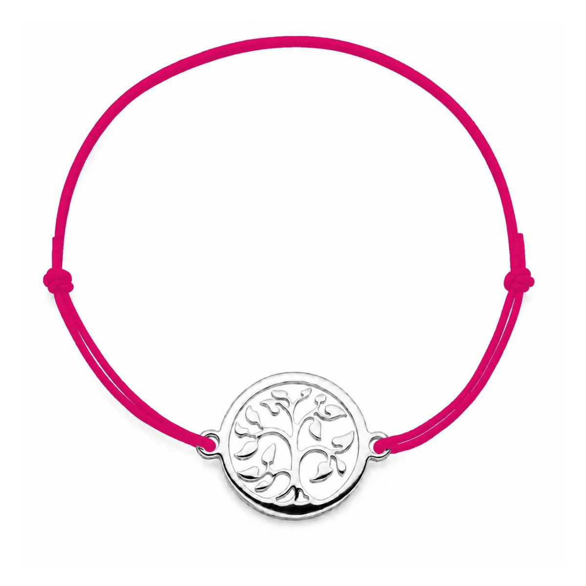 Bracelet cordon rose-framboise ajustable Arbre de Vie argenté – bijou personnalisable avec médaille pour gravure 8 mm