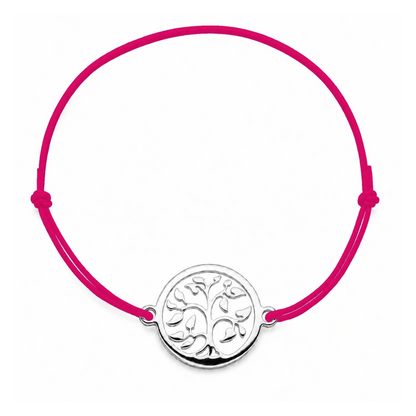 Bracelet cordon rose-framboise ajustable Arbre de Vie argenté – bijou personnalisable avec médaille pour gravure 8 mm