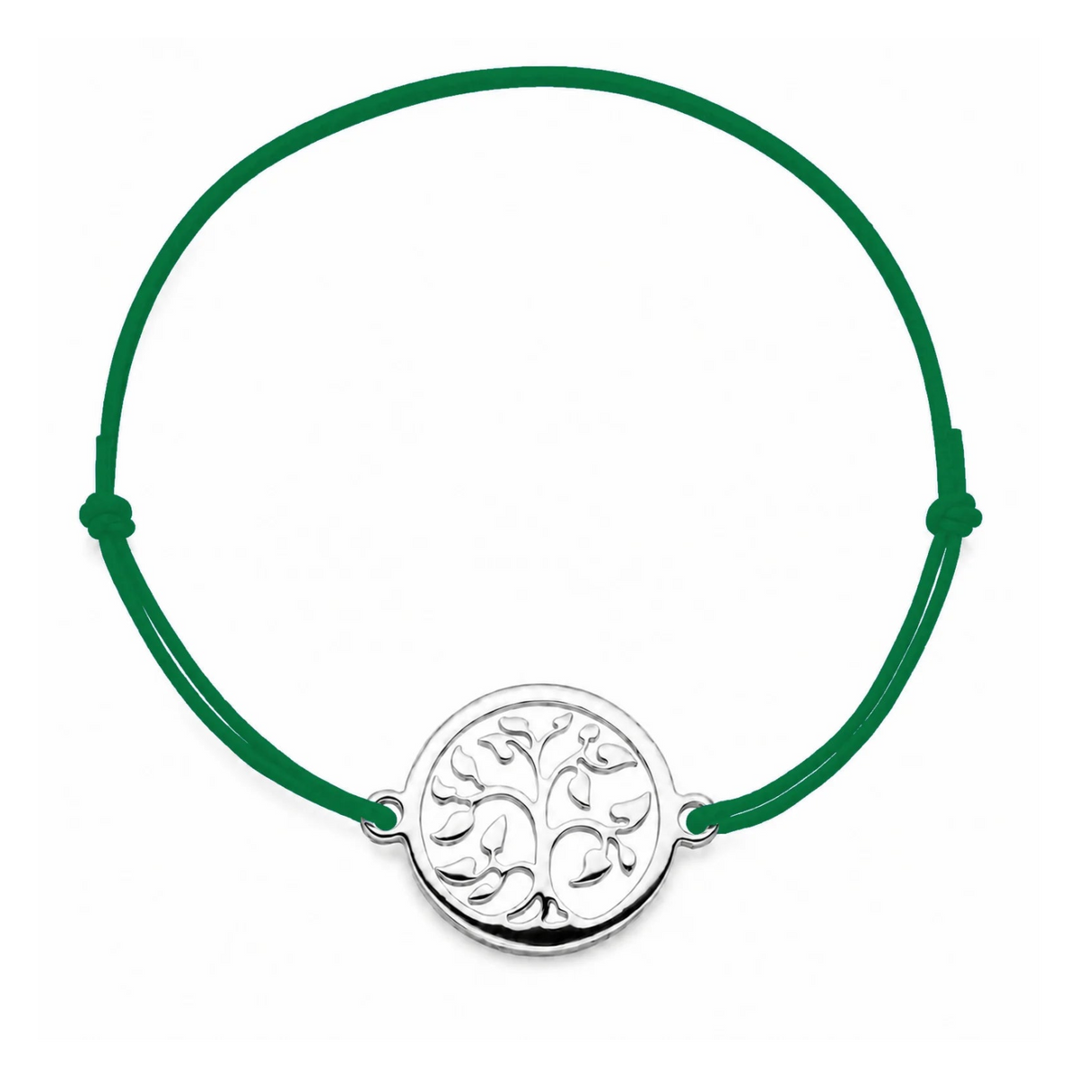 Bracelet cordon vert bouteille ajustable Arbre de Vie argenté – bijou personnalisable avec médaille pour gravure 8 mm