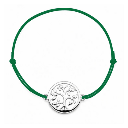 Bracelet cordon vert bouteille ajustable Arbre de Vie argenté – bijou personnalisable avec médaille pour gravure 8 mm