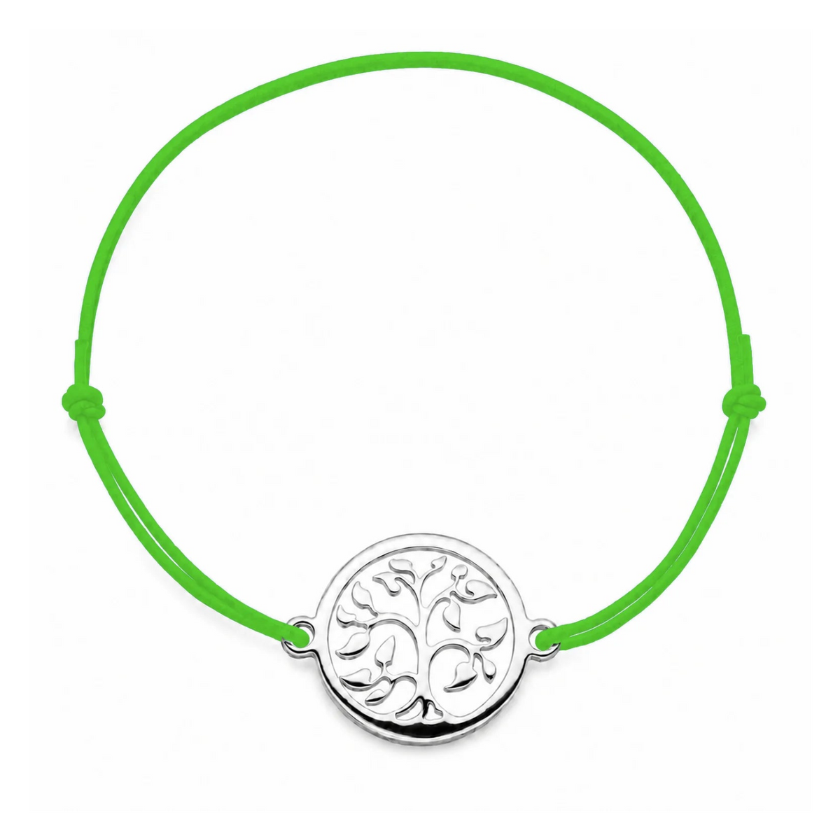 Bracelet cordon vert pomme ajustable Arbre de Vie argenté – bijou personnalisable avec médaille pour gravure 8 mm