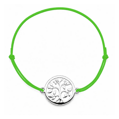 Bracelet cordon vert pomme ajustable Arbre de Vie argenté – bijou personnalisable avec médaille pour gravure 8 mm