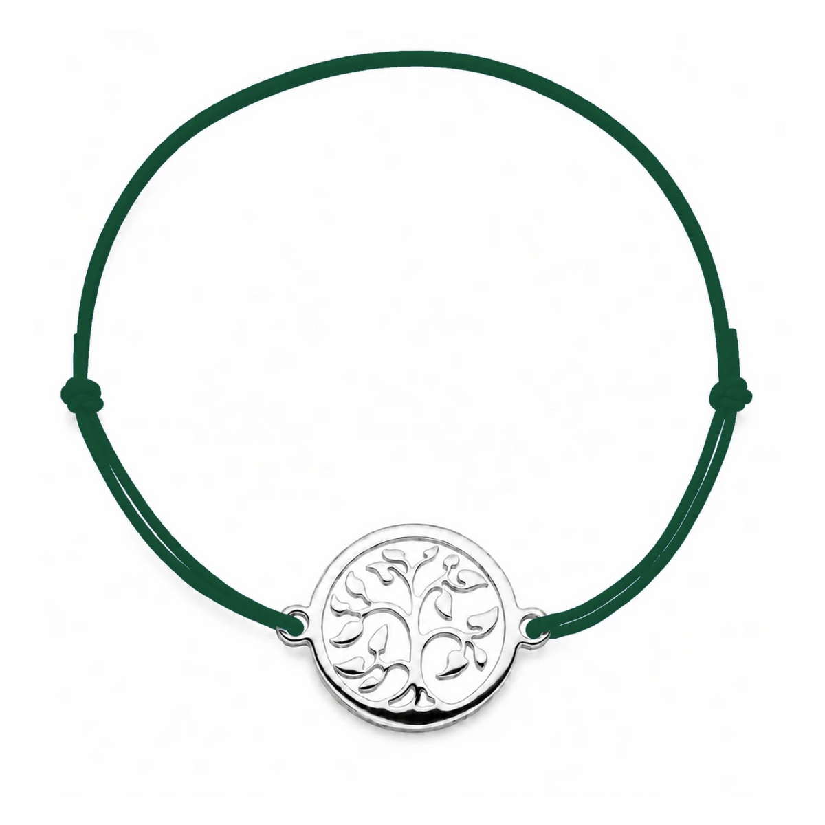 Bracelet cordon vert sapin ajustable Arbre de Vie argenté – bijou personnalisable avec médaille pour gravure 8 mm