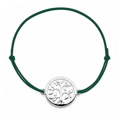 Bracelet cordon vert sapin ajustable Arbre de Vie argenté – bijou personnalisable avec médaille pour gravure 8 mm