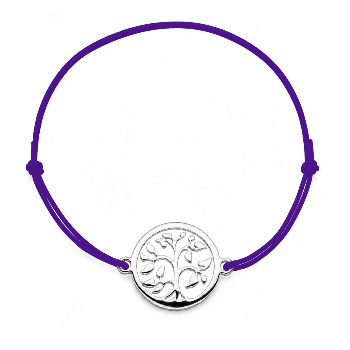 Bracelet cordon violet ajustable Arbre de Vie argenté – bijou personnalisable avec médaille pour gravure 8 mm