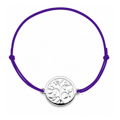 Bracelet cordon violet ajustable Arbre de Vie argenté – bijou personnalisable avec médaille pour gravure 8 mm