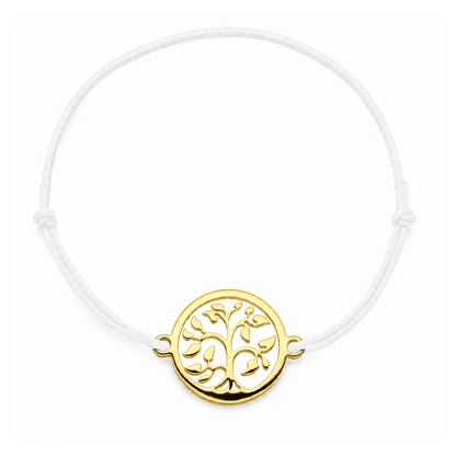 Bracelet cordon blanc Arbre de Vie mixte en acier doré, personnalisable avec une médaille de 8 mm pour gravure 