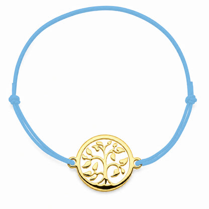 Bracelet cordon bleu clair Arbre de Vie mixte en acier doré, personnalisable avec une médaille de 8 mm pour gravure 