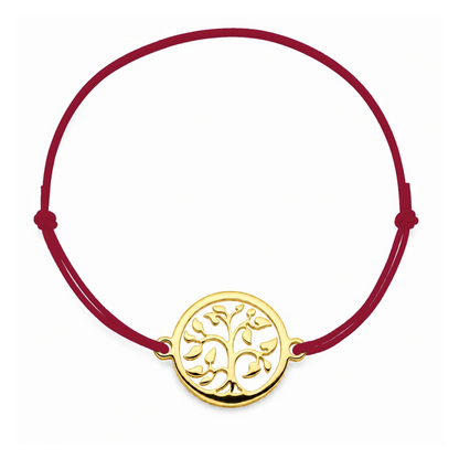 Bracelet cordon bordeaux Arbre de Vie mixte en acier doré, personnalisable avec une médaille de 8 mm pour gravure 