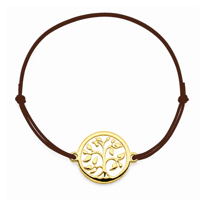 Bracelet cordon marron Arbre de Vie mixte en acier doré, personnalisable avec une médaille de 8 mm pour gravure 