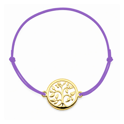 Bracelet cordon mauve Arbre de Vie mixte en acier doré, personnalisable avec une médaille de 8 mm pour gravure 
